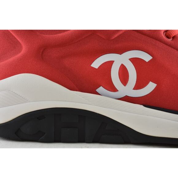 Chanel Mens 19P Red Lycra White Black CC Logo Lace Low Top Trainer Sneaker 44 11 - Picture 5 of 12
